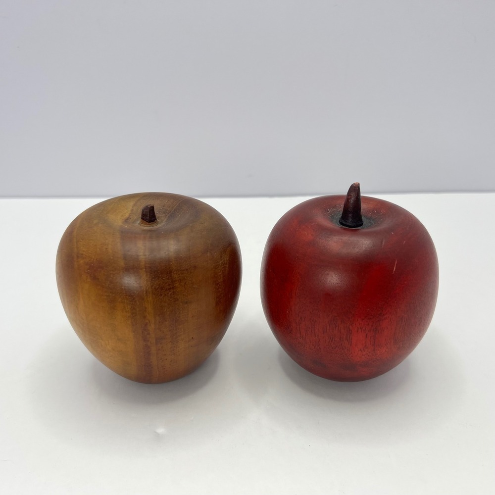 Vintage Wooden Apple Set Red Brown Decorative Fruit Hand Carved MCM Midcentury